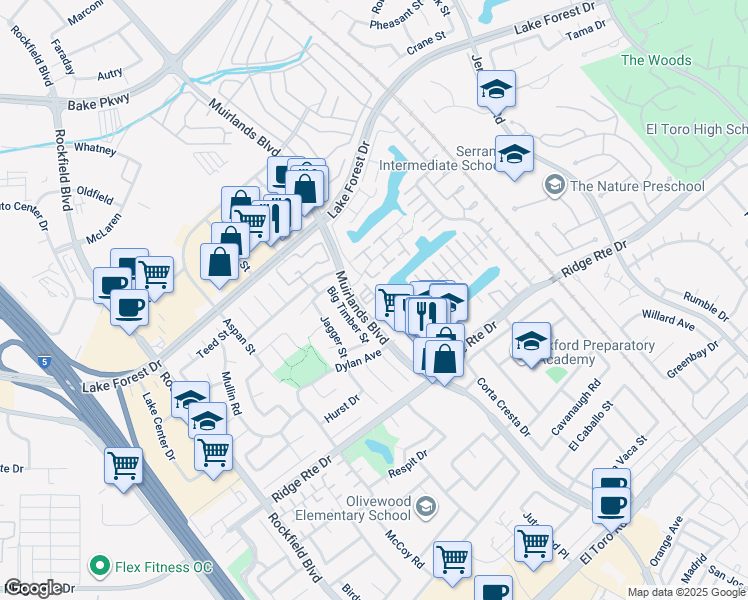 map of restaurants, bars, coffee shops, grocery stores, and more near 24193 Harbor Ridge Lane in Lake Forest