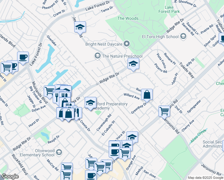 map of restaurants, bars, coffee shops, grocery stores, and more near 22846 Belquest Drive in Lake Forest