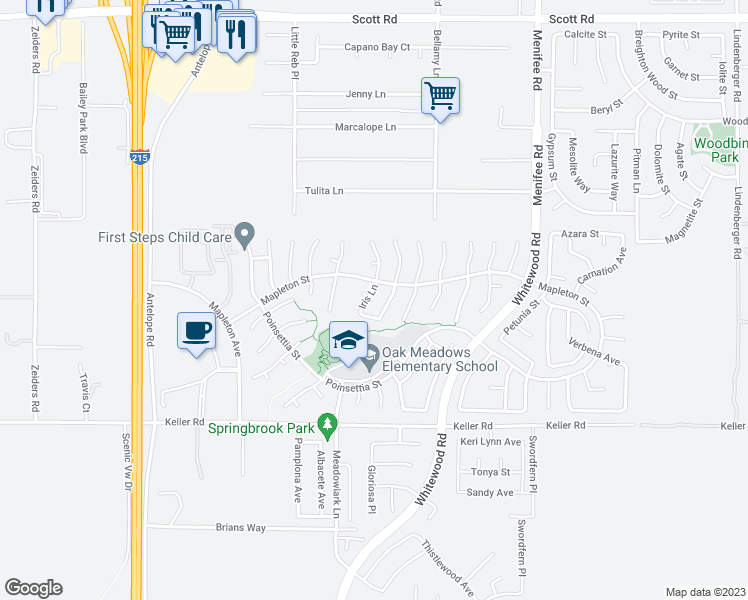 map of restaurants, bars, coffee shops, grocery stores, and more near 33692 Iris Lane in Murrieta