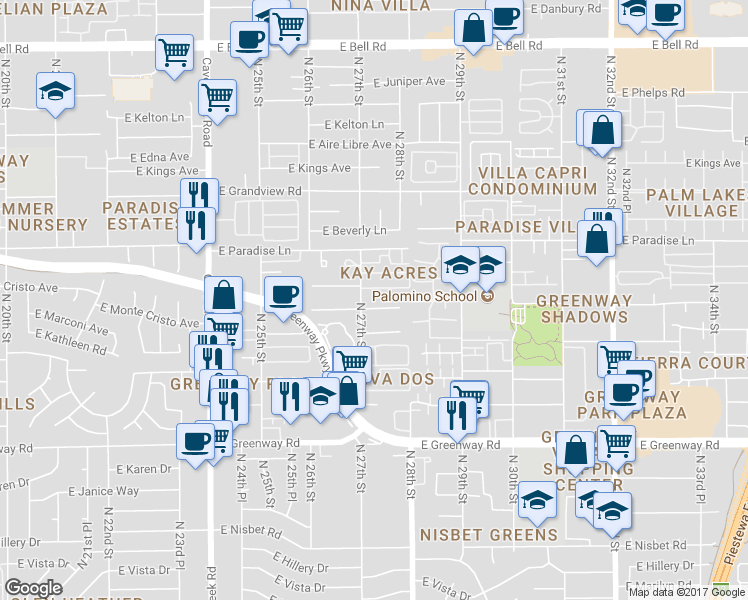 map of restaurants, bars, coffee shops, grocery stores, and more near 2728 East Marconi Avenue in Phoenix