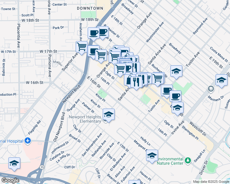 map of restaurants, bars, coffee shops, grocery stores, and more near 280 16th Place in Costa Mesa