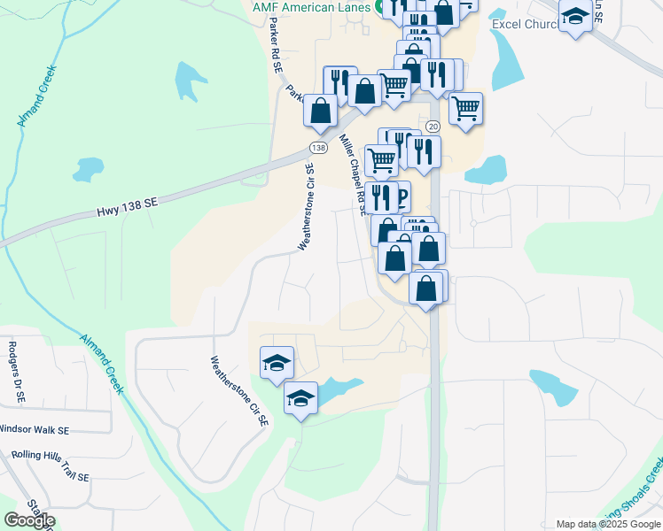 map of restaurants, bars, coffee shops, grocery stores, and more near 2076 Boxwood Circle in Conyers