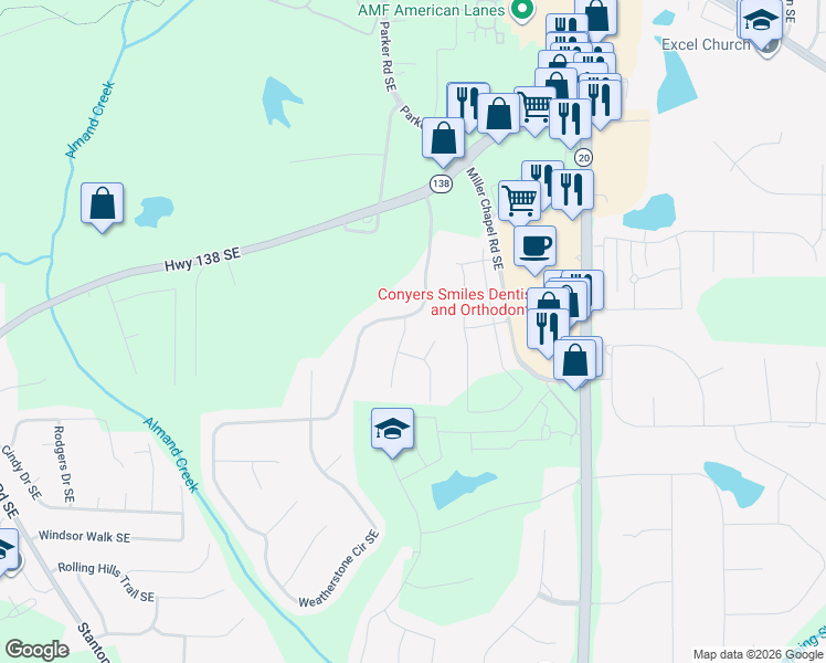 map of restaurants, bars, coffee shops, grocery stores, and more near 1903 Sheldon Lane in Conyers