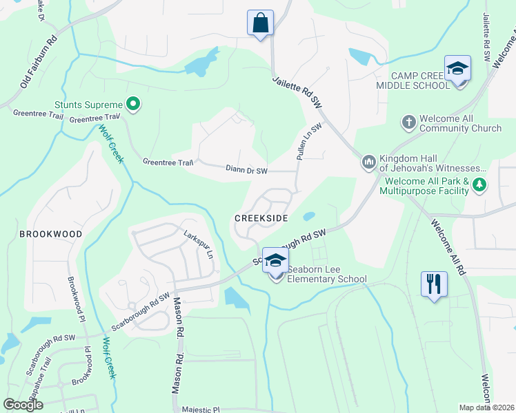 map of restaurants, bars, coffee shops, grocery stores, and more near 4628 Creekside Cove in College Park