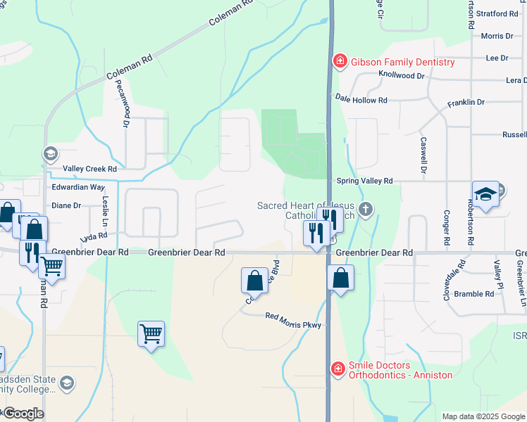 map of restaurants, bars, coffee shops, grocery stores, and more near 3425 Greenbrier Dear Road in Anniston