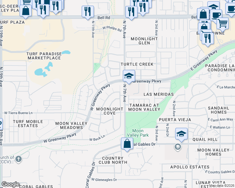 map of restaurants, bars, coffee shops, grocery stores, and more near 1101 West Davis Road in Phoenix