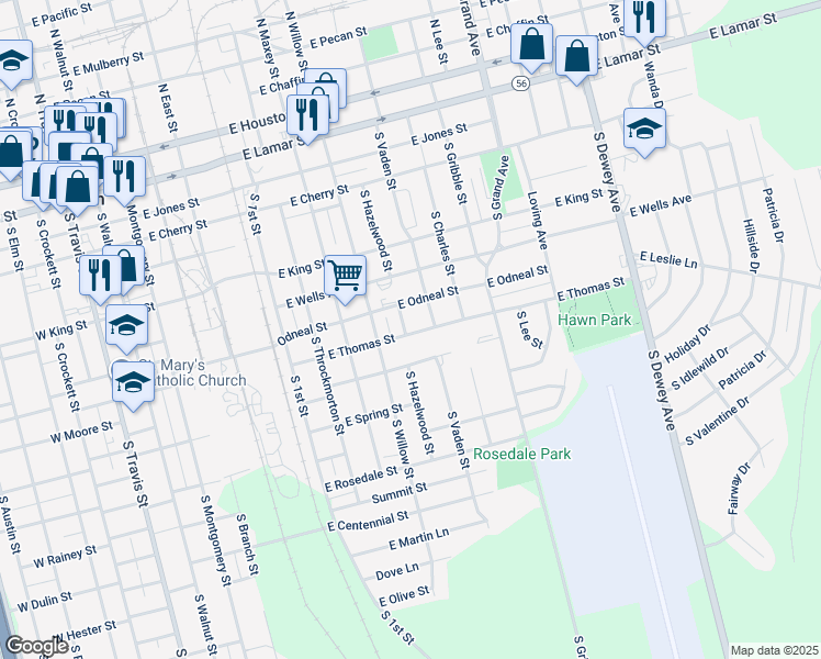 map of restaurants, bars, coffee shops, grocery stores, and more near 821 South Hazelwood Street in Sherman