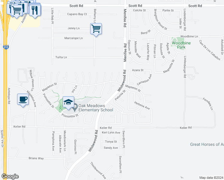 map of restaurants, bars, coffee shops, grocery stores, and more near 33684 Thyme Lane in Murrieta