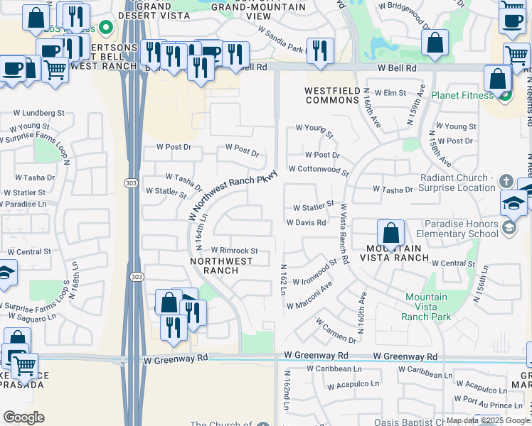 map of restaurants, bars, coffee shops, grocery stores, and more near 16137 North 163rd Drive in Surprise