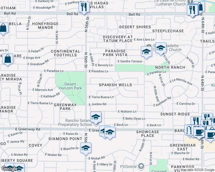 map of restaurants, bars, coffee shops, grocery stores, and more near 5731 East Monte Cristo Avenue in Scottsdale