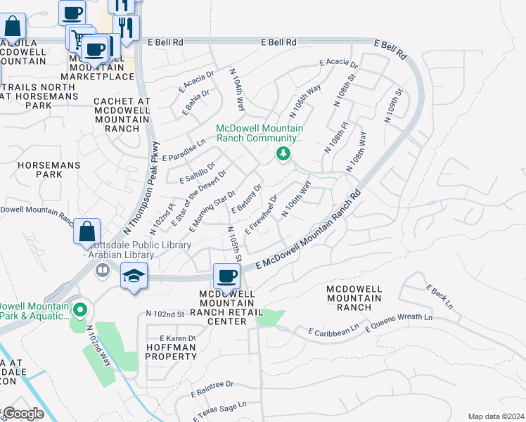 map of restaurants, bars, coffee shops, grocery stores, and more near 10576 East Firewheel Drive in Scottsdale