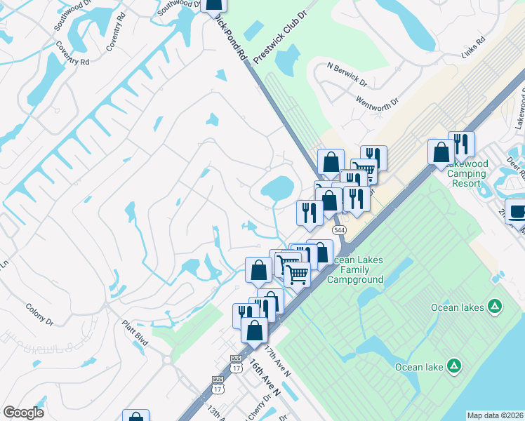 map of restaurants, bars, coffee shops, grocery stores, and more near 2078 Lake View Circle in Myrtle Beach