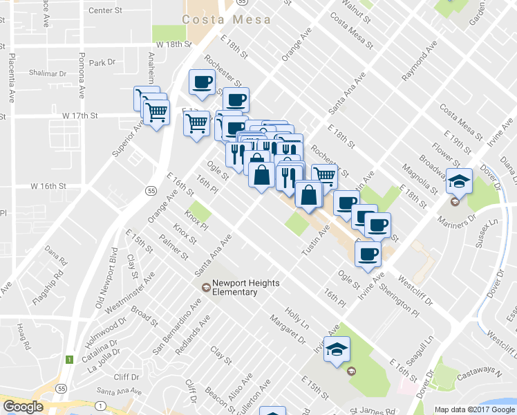 map of restaurants, bars, coffee shops, grocery stores, and more near 1646 Santa Ana Avenue in Costa Mesa