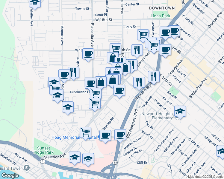 map of restaurants, bars, coffee shops, grocery stores, and more near 501 Superior Avenue in Newport Beach