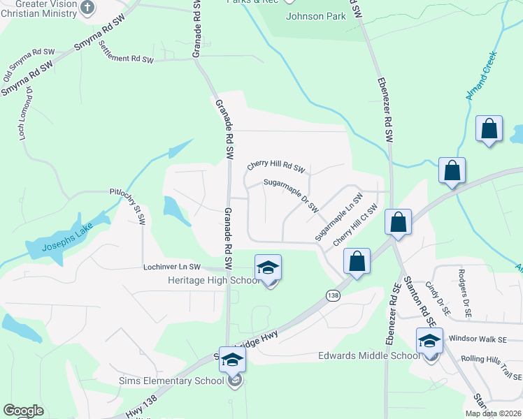 map of restaurants, bars, coffee shops, grocery stores, and more near 1511 Sugarplum Place Southwest in Conyers