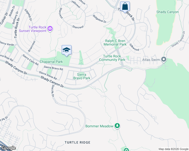 map of restaurants, bars, coffee shops, grocery stores, and more near 19126 Sierra Majorca Road in Irvine