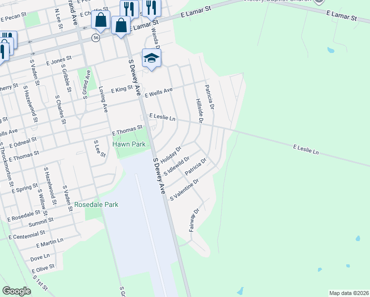 map of restaurants, bars, coffee shops, grocery stores, and more near 841 Hillside Dr in Sherman