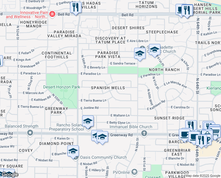 map of restaurants, bars, coffee shops, grocery stores, and more near 16001 North 58th Place in Scottsdale