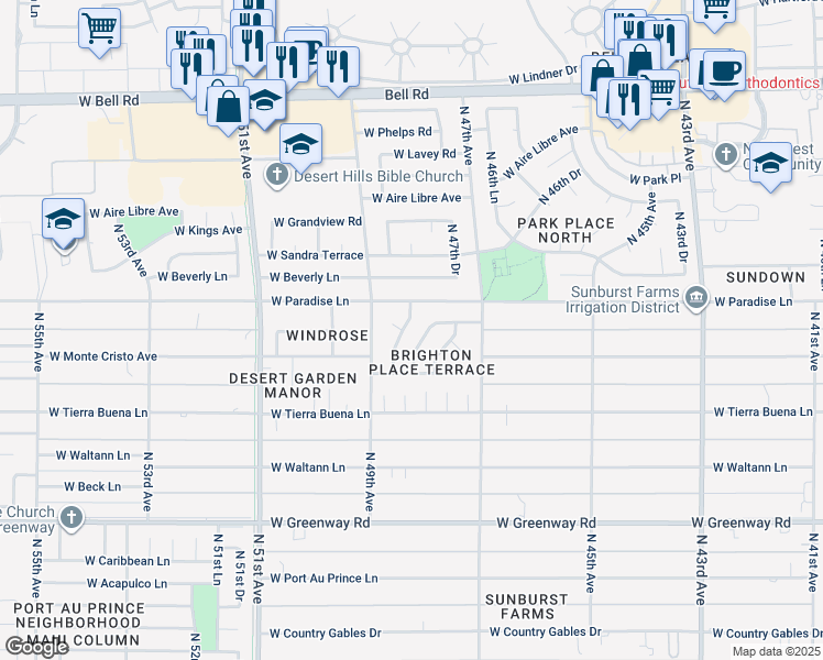 map of restaurants, bars, coffee shops, grocery stores, and more near 16039 North 48th Drive in Glendale