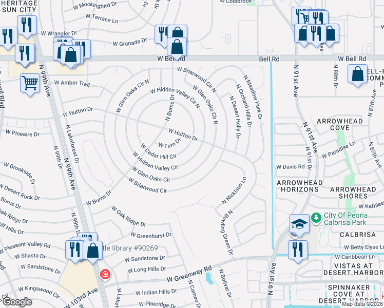 map of restaurants, bars, coffee shops, grocery stores, and more near 9306 West Hidden Valley Circle in Sun City