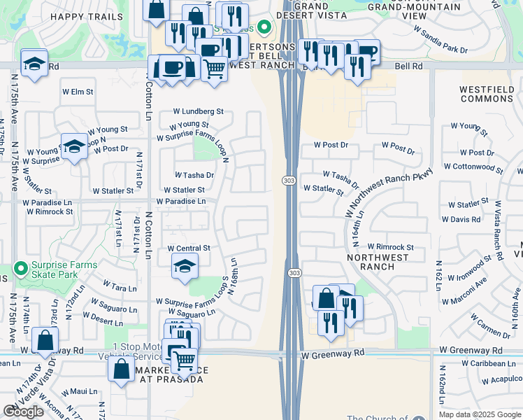 map of restaurants, bars, coffee shops, grocery stores, and more near 16811 West Rimrock Street in Surprise