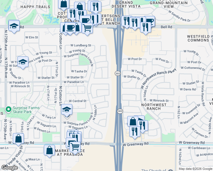map of restaurants, bars, coffee shops, grocery stores, and more near 16811 West Rimrock Street in Surprise