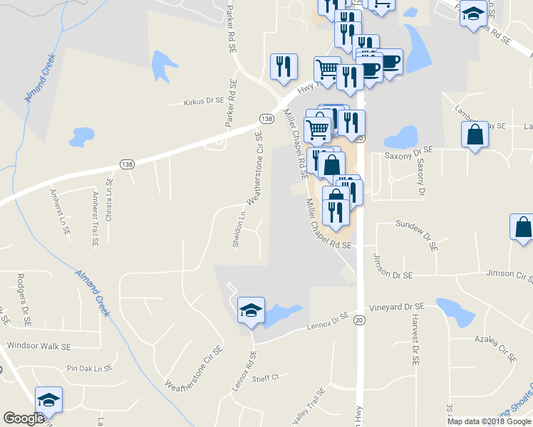 map of restaurants, bars, coffee shops, grocery stores, and more near 1756 Hayes Court in Conyers