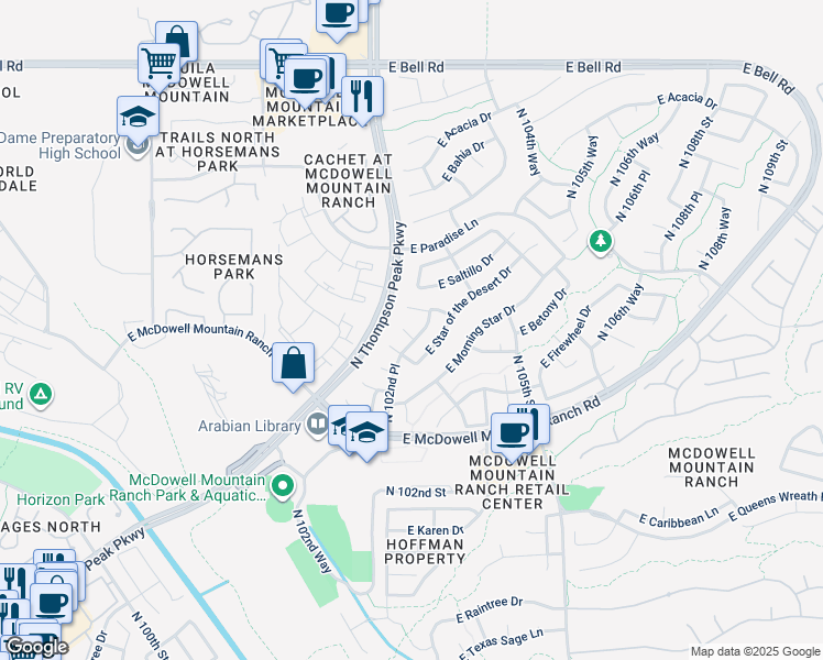 map of restaurants, bars, coffee shops, grocery stores, and more near 10232 East FireWheel Drive in Scottsdale