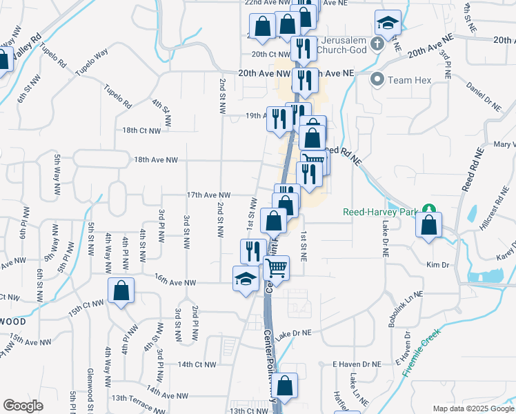 map of restaurants, bars, coffee shops, grocery stores, and more near 1633 1st Street Northwest in Center Point