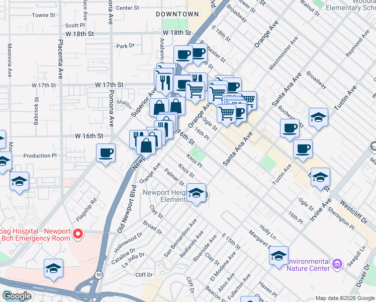 map of restaurants, bars, coffee shops, grocery stores, and more near 226 Knox Place in Costa Mesa