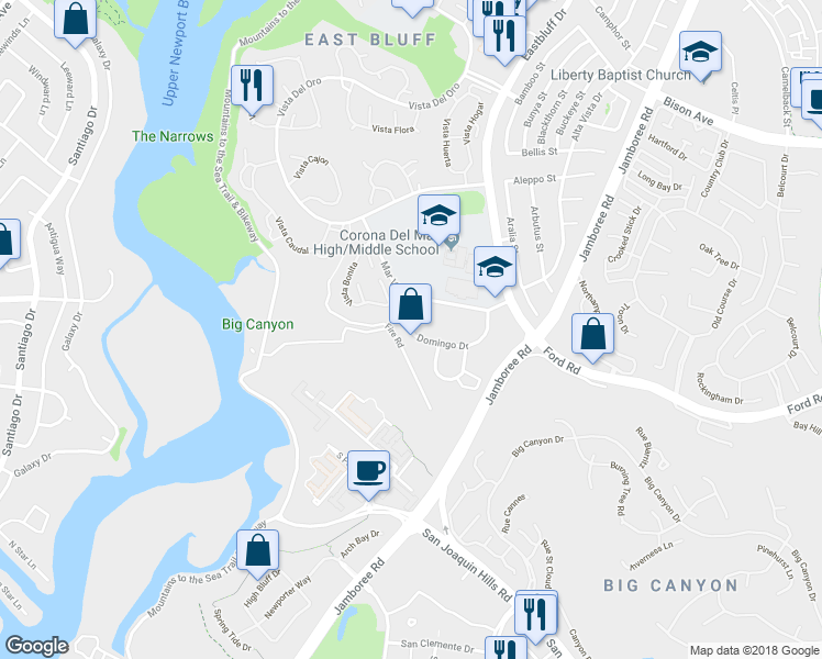 map of restaurants, bars, coffee shops, grocery stores, and more near 750 Domingo Drive in Newport Beach
