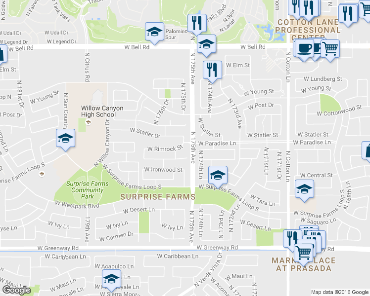 map of restaurants, bars, coffee shops, grocery stores, and more near 17523 West Rimrock Street in Surprise