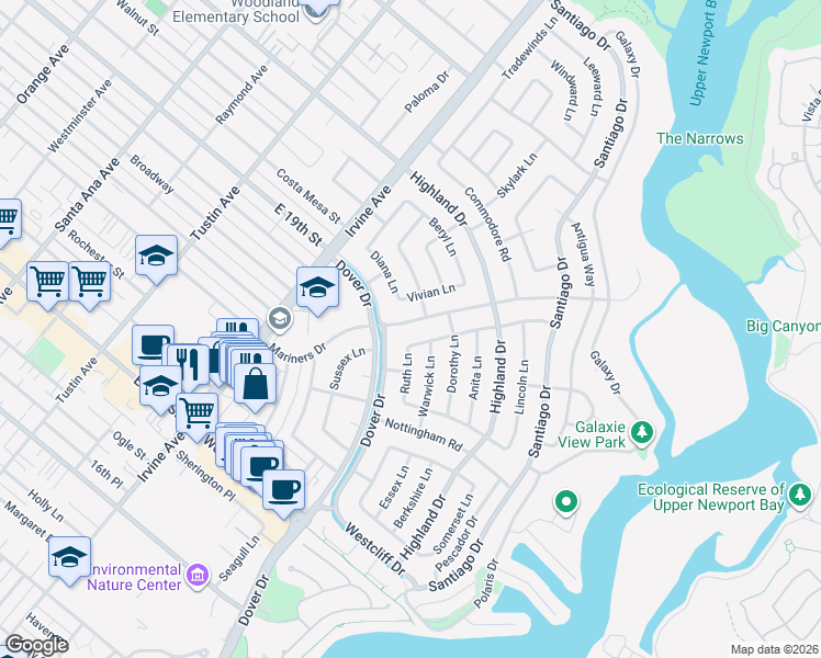 map of restaurants, bars, coffee shops, grocery stores, and more near 1615 Mariners Drive in Newport Beach