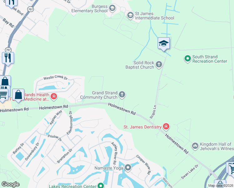 map of restaurants, bars, coffee shops, grocery stores, and more near 3856 Holmestown Road in Myrtle Beach