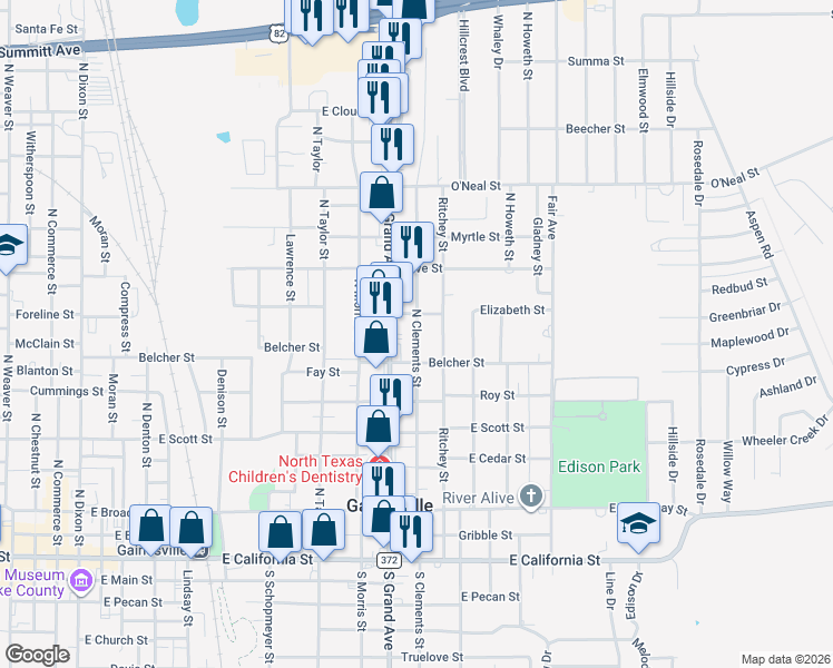 map of restaurants, bars, coffee shops, grocery stores, and more near 725 North Clements Street in Gainesville
