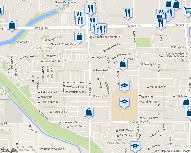 map of restaurants, bars, coffee shops, grocery stores, and more near 16028 N 66th Dr in Glendale