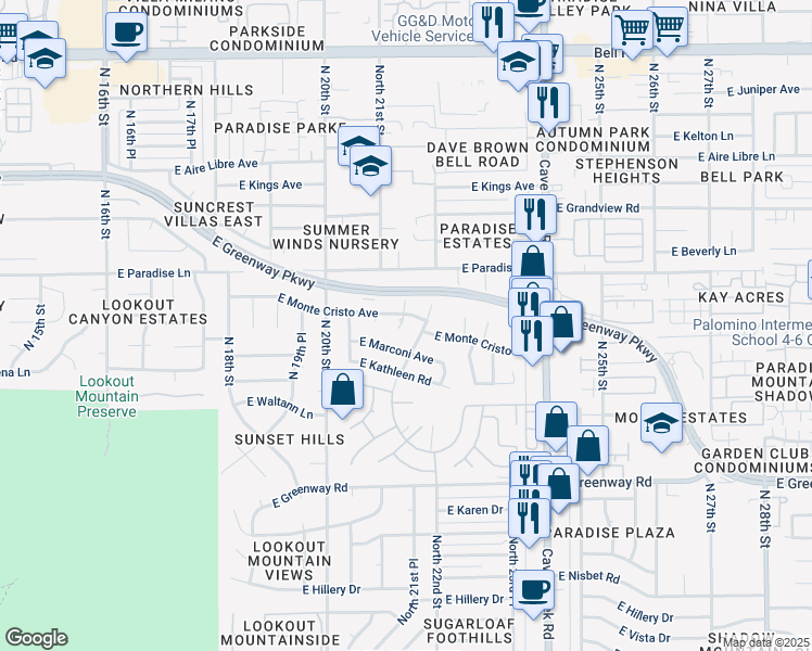 map of restaurants, bars, coffee shops, grocery stores, and more near 15845 North 21st Place in Phoenix