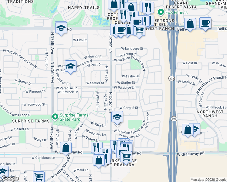 map of restaurants, bars, coffee shops, grocery stores, and more near 17066 West Rimrock Street in Surprise