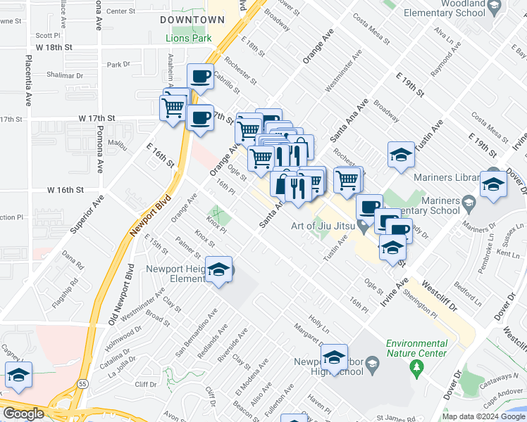 map of restaurants, bars, coffee shops, grocery stores, and more near 288 16th Place in Costa Mesa