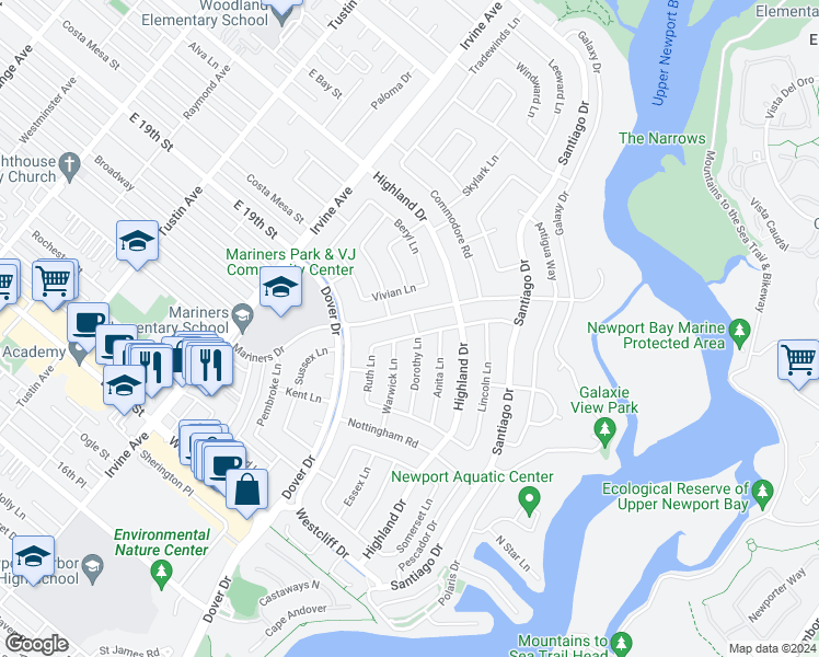 map of restaurants, bars, coffee shops, grocery stores, and more near 1400 Estelle Lane in Newport Beach