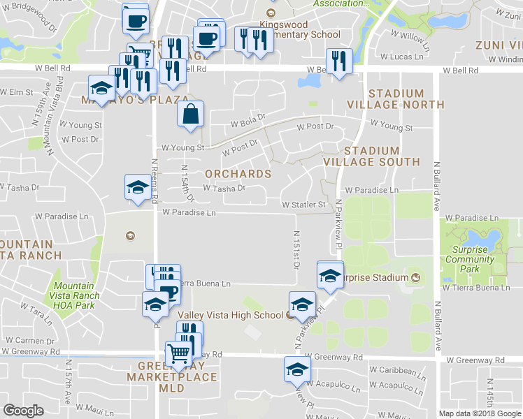 map of restaurants, bars, coffee shops, grocery stores, and more near 15207 West Statler Street in Surprise