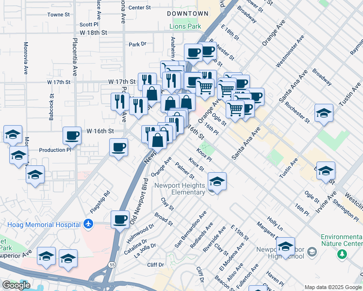 map of restaurants, bars, coffee shops, grocery stores, and more near 1560a Orange Avenue in Costa Mesa