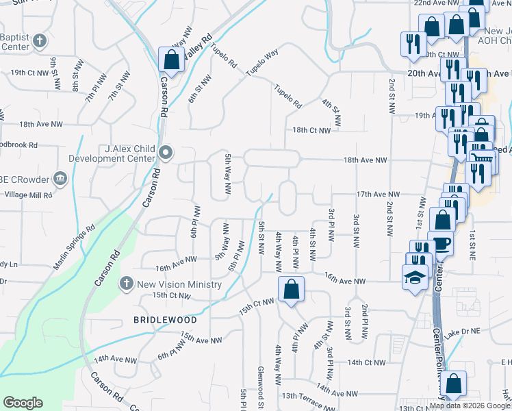 map of restaurants, bars, coffee shops, grocery stores, and more near 501 17th Avenue Northwest in Center Point