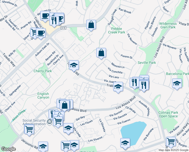 map of restaurants, bars, coffee shops, grocery stores, and more near 22811 Fortuna Lane in Mission Viejo