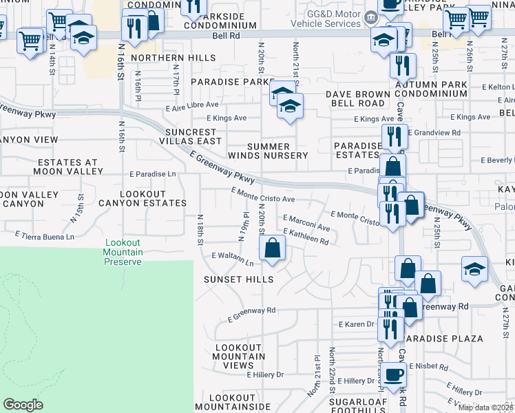 map of restaurants, bars, coffee shops, grocery stores, and more near 15850 North 20th Street in Phoenix