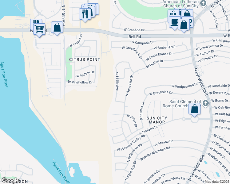 map of restaurants, bars, coffee shops, grocery stores, and more near 16214 North 111th Avenue in Sun City