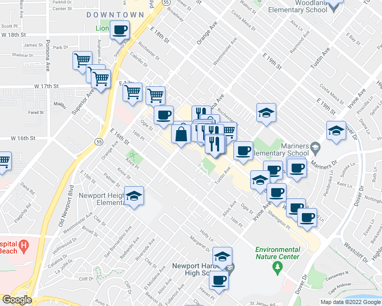map of restaurants, bars, coffee shops, grocery stores, and more near 338 Ogle Street in Costa Mesa