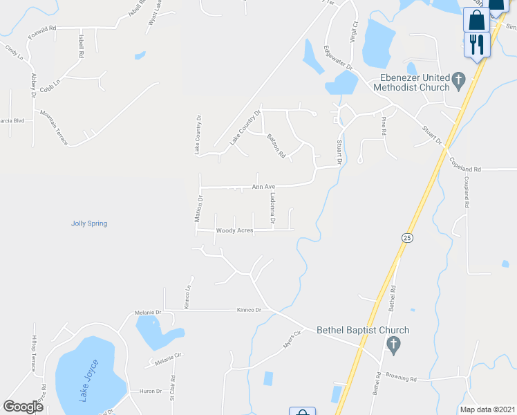 map of restaurants, bars, coffee shops, grocery stores, and more near 40 Troy Circle in Odenville