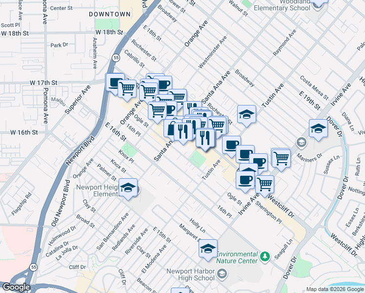 map of restaurants, bars, coffee shops, grocery stores, and more near 322 Ogle Street in Costa Mesa