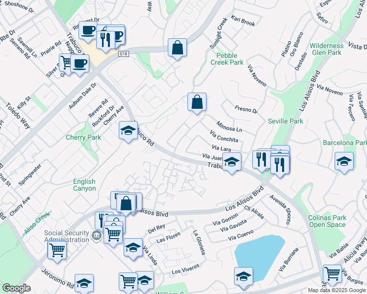 map of restaurants, bars, coffee shops, grocery stores, and more near 22811 Fortuna Lane in Mission Viejo